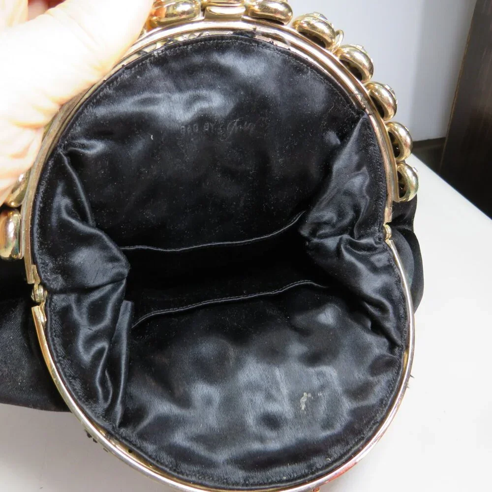Vintage 1950s Black Satin Pouf Bag with Jeweled Frame Evening Bag Formal Costume